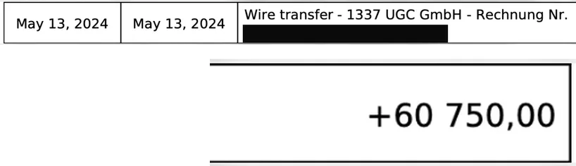 Redacted bank statement line: 60,750 euros on 13 May 2024